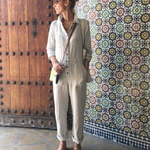 OffOn Linen Long Sleeve Coverall in white & black stripes | Small | NWOT